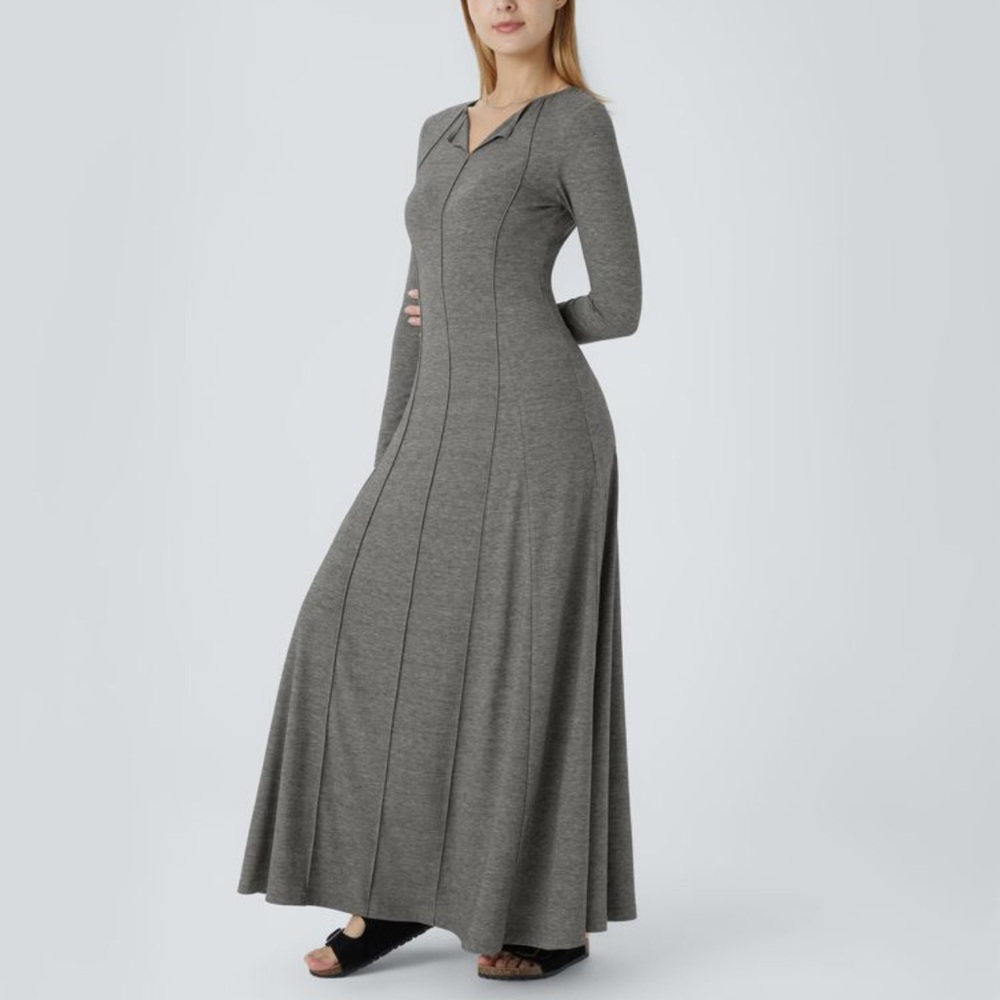 Halara Women's Henley Long Sleeve Flare Maxi Casual Dress XS